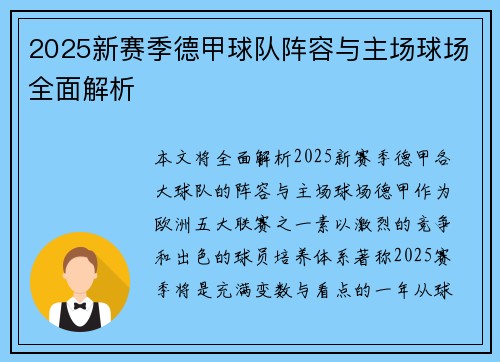 2025新赛季德甲球队阵容与主场球场全面解析